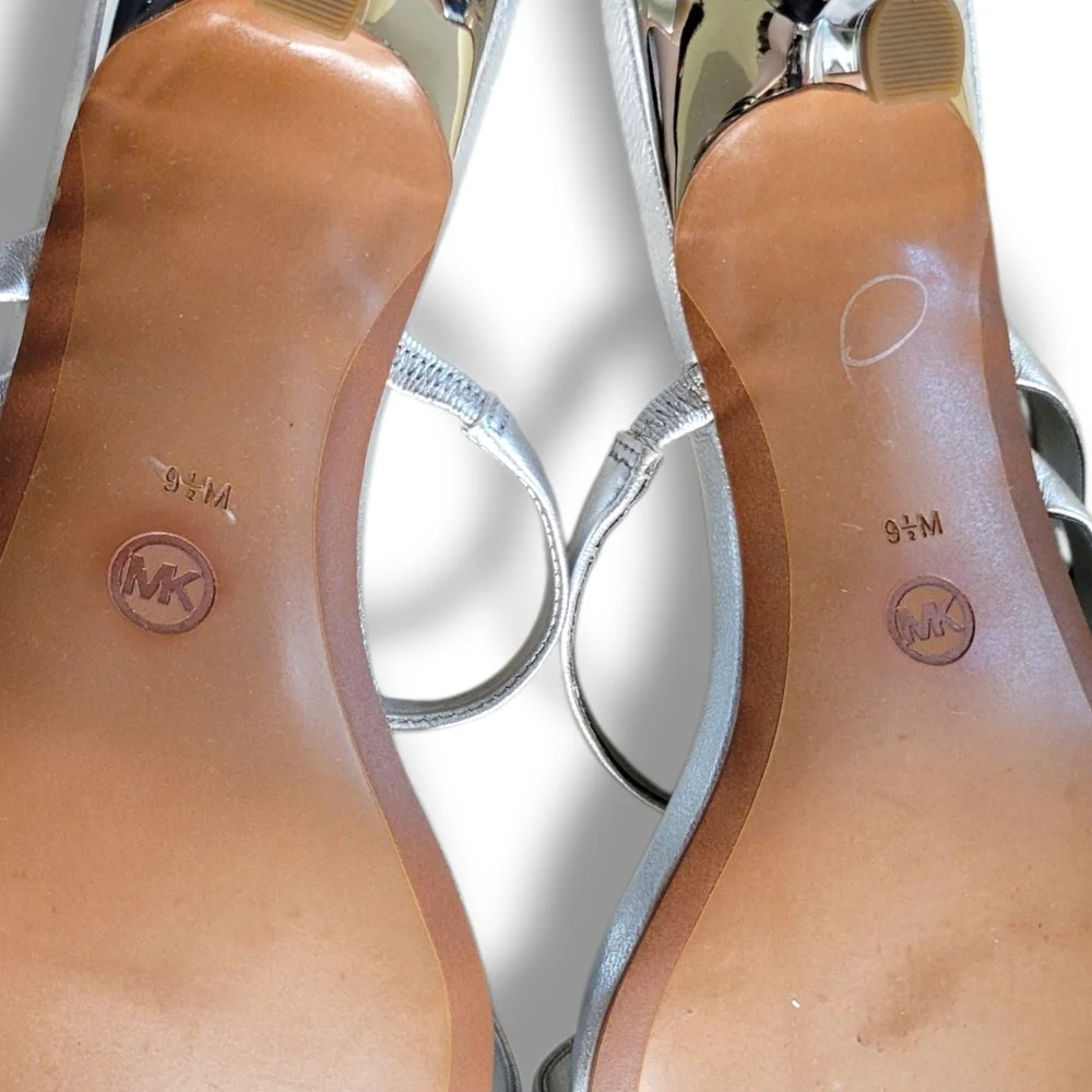 Michael Kors | BNIB Mid Letty Metallic Silver Strappy Toe Post Kitten Heels - Picture 6 of 13